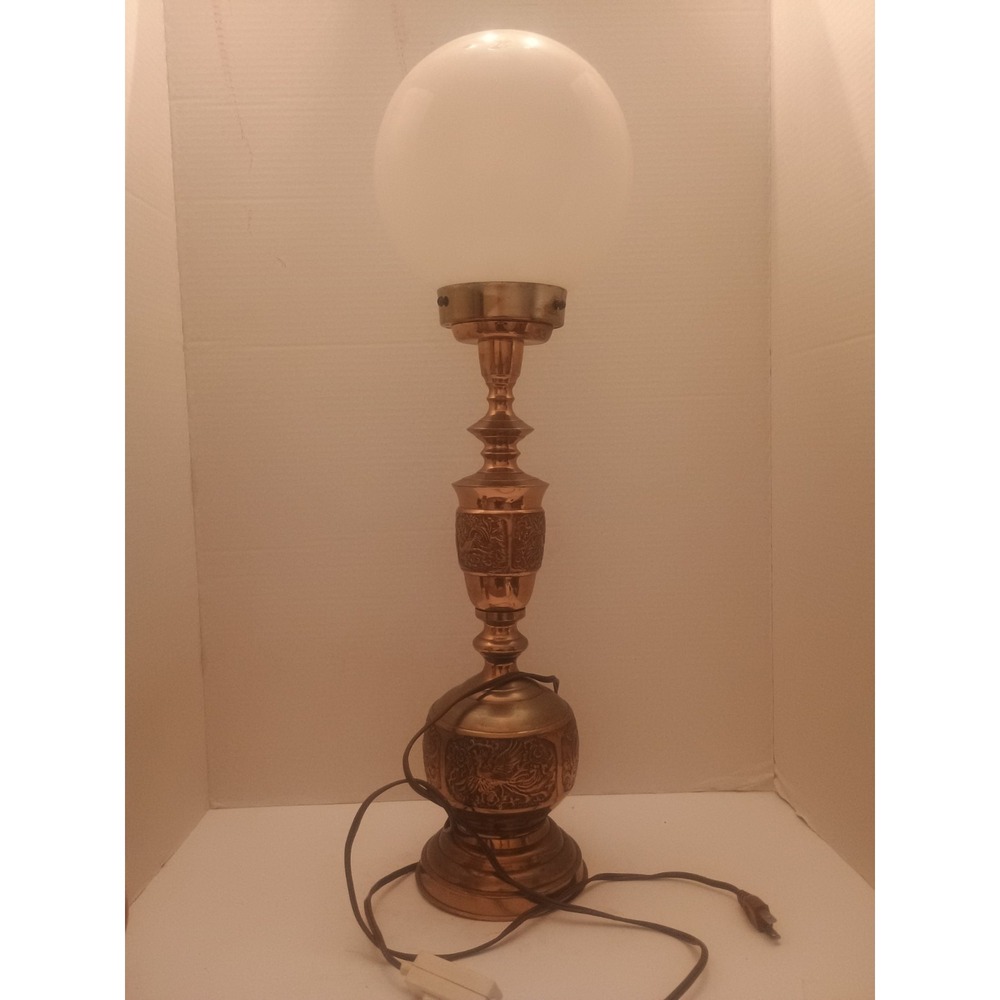 Vintage Brass Asian Inspired Etched Table Lamp 37" Tall 5" Base Glass Globe